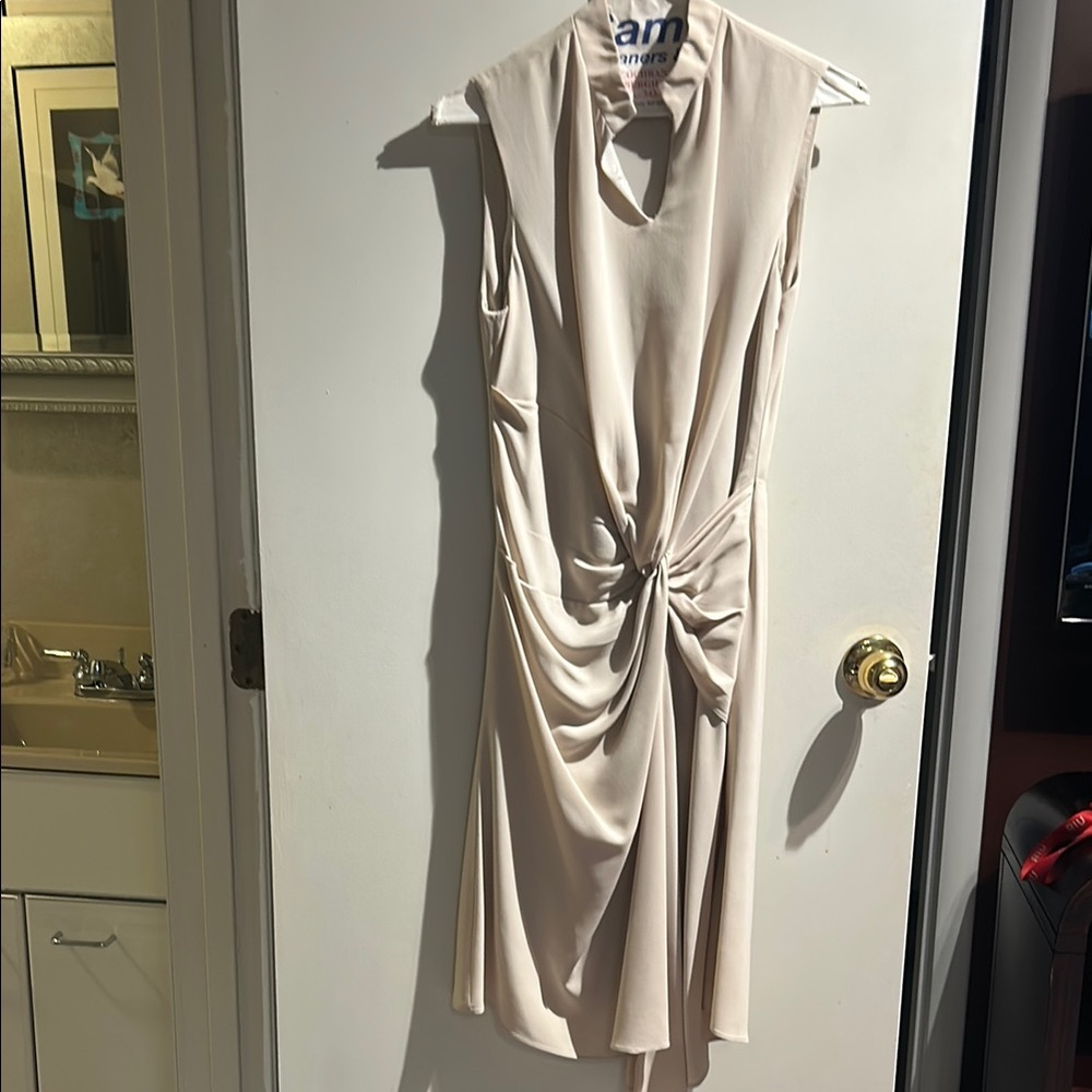Nicole Miller Tan Ruched Asymmetrical Sheath Dress